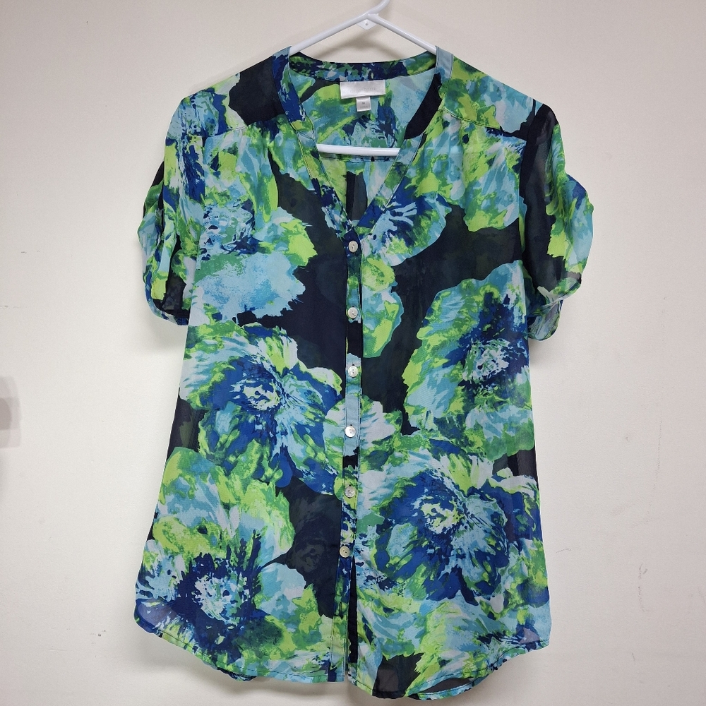 Dress Barn Button Down Vneck Med. Floral Polyester Office Business